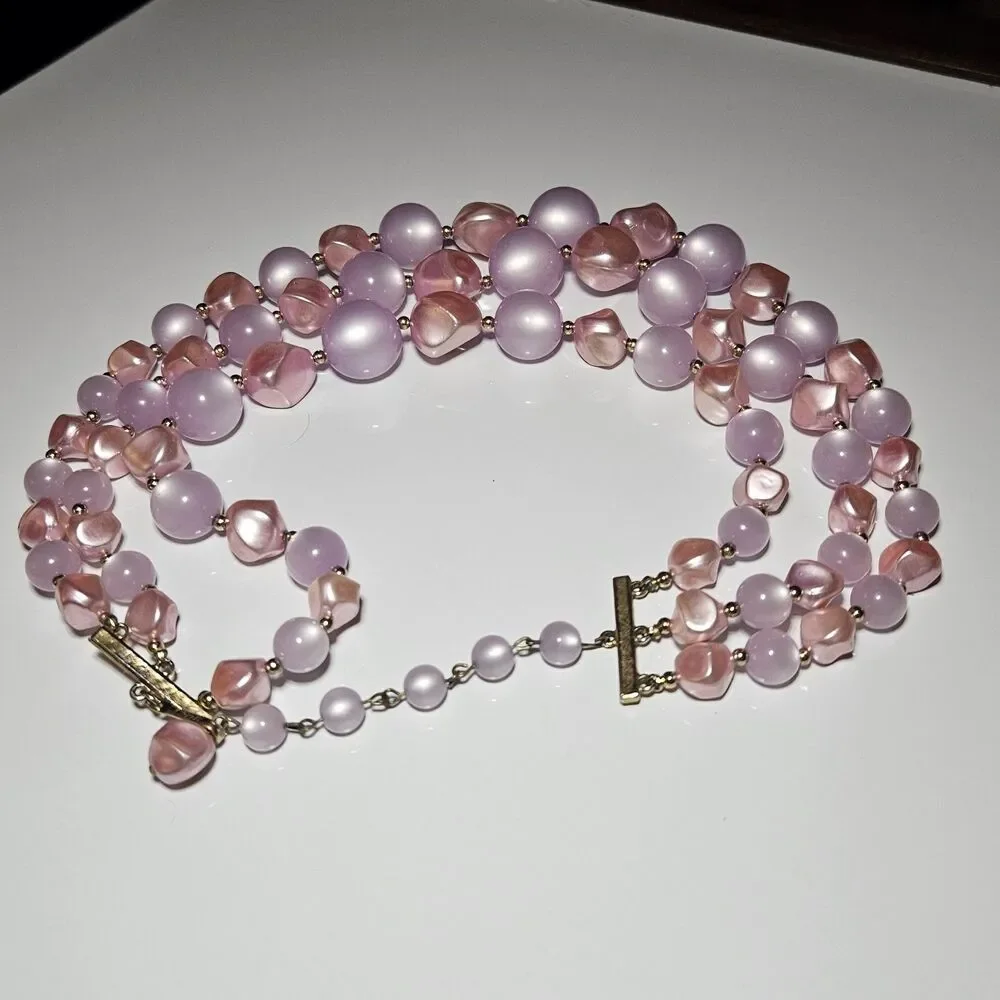 Coro Light Purple Pink Moonglow Lucite 3 Strand Beaded Necklace 16-19" - Picture 12 of 14